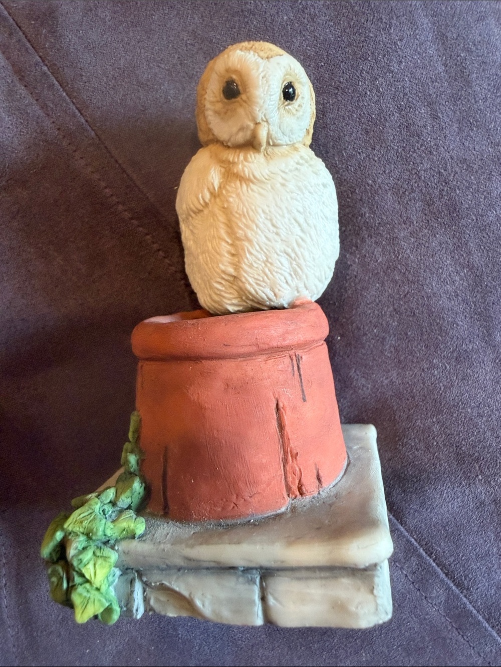 Cream and Tan Barn Owl Figurine on Terracotta Chimney Pot by D.Edlmann.